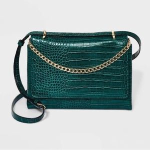 Target forest green faux croc shoulder bag with gold hardware and top handle